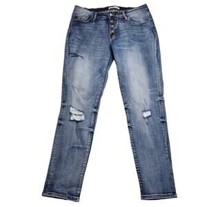 Kancan Exposed Button Fly Distressed Mid Rise Skinny Jeans Ripped Size 13/30